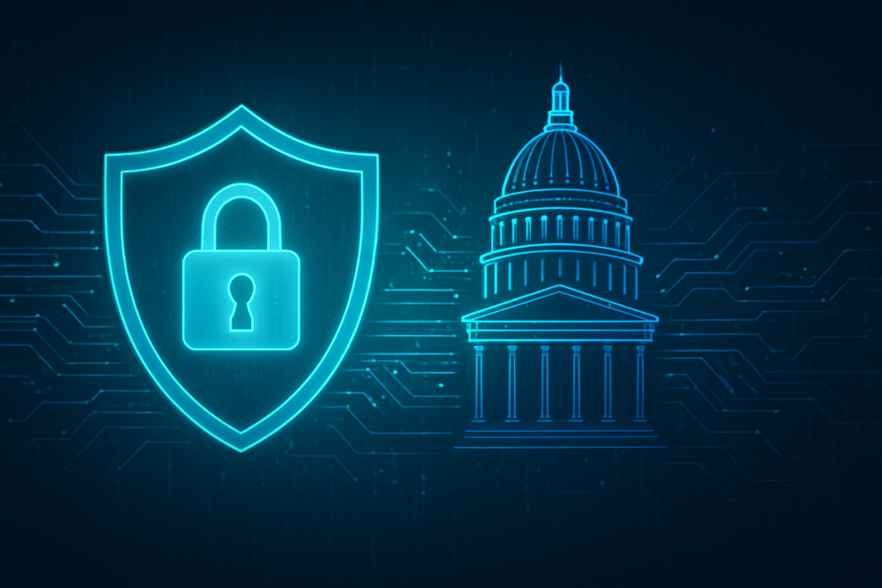 Digital illustration of government website security showing a glowing shield with a padlock next to a government building