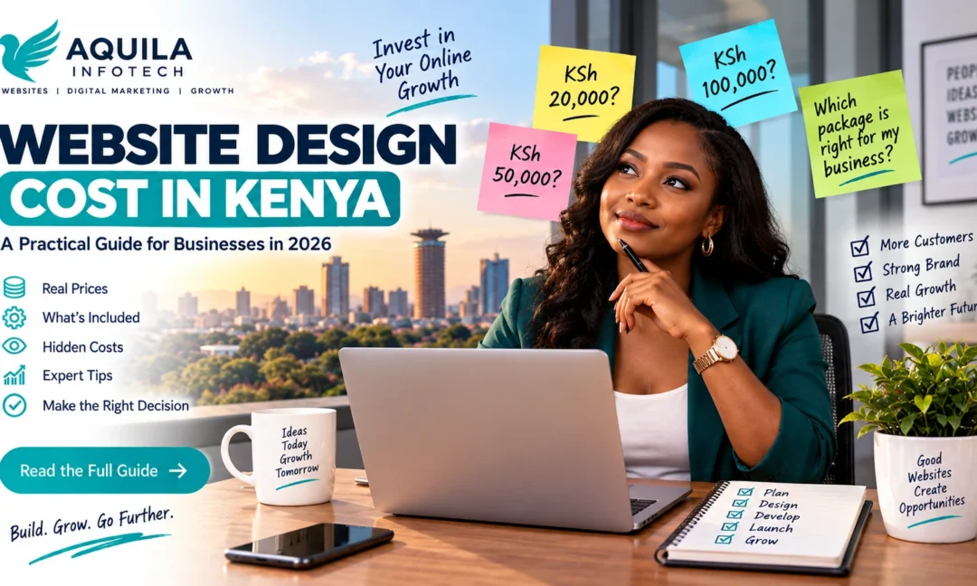 Website design cost in Kenya 2026 guide showing a Kenyan business professional comparing website pricing options