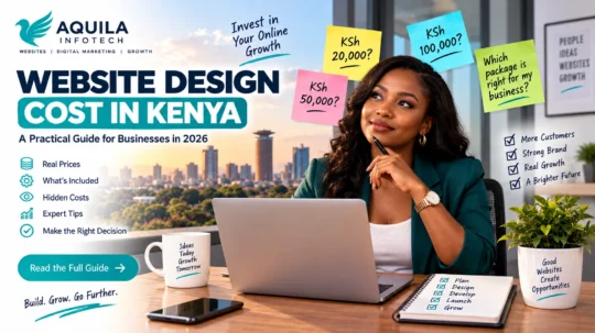 Website design cost in Kenya 2026 guide showing a Kenyan business professional comparing website pricing options