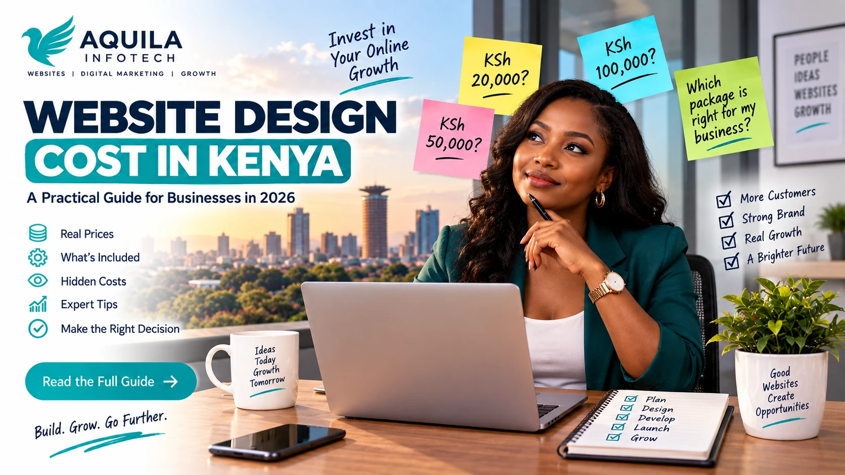 Website design cost in Kenya 2026 guide showing a Kenyan business professional comparing website pricing options
